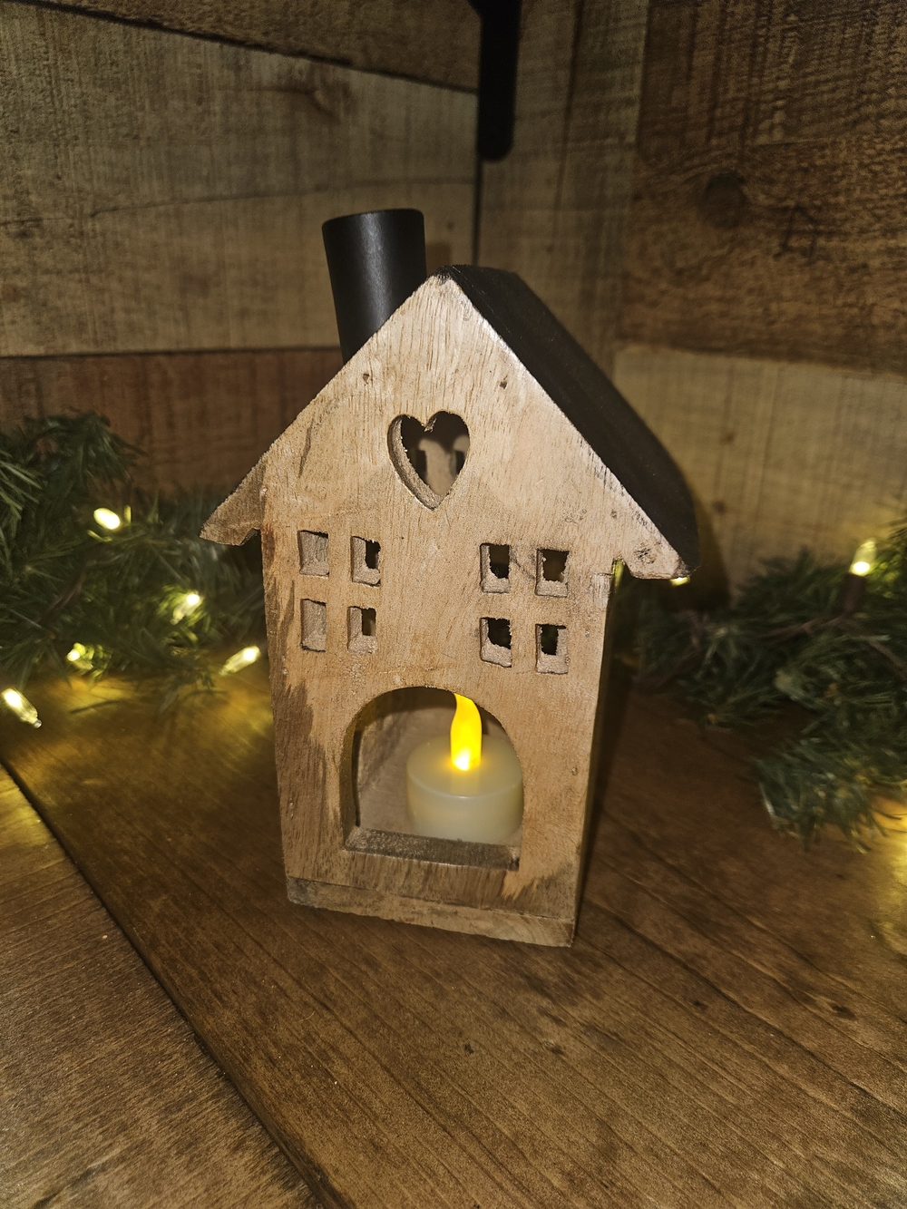 Rustic Wooden House Tea Light Holder - Brown